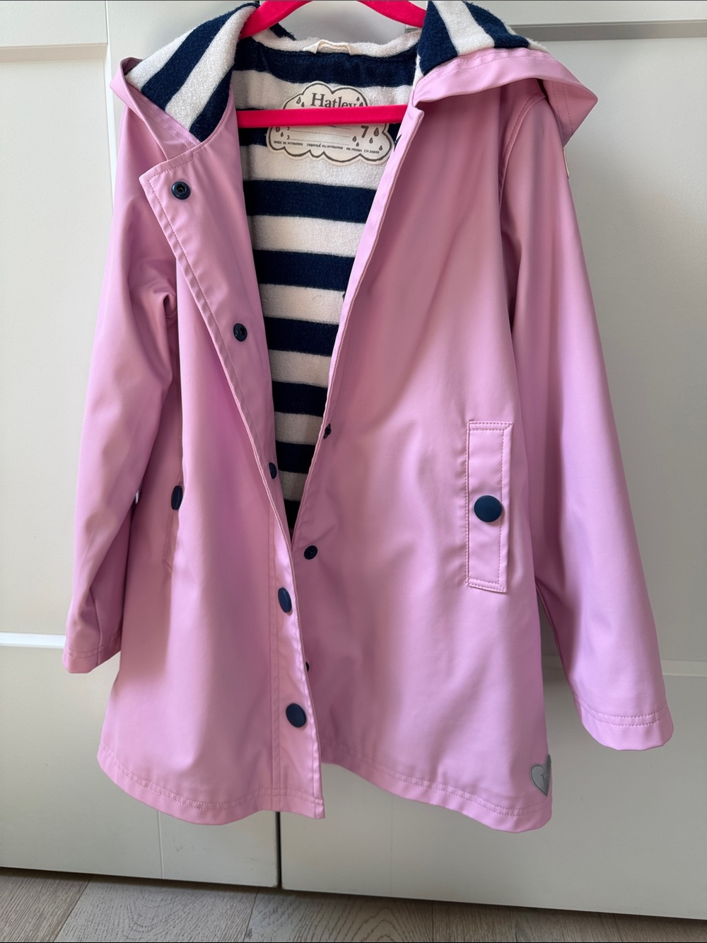 Hatley Pink Kids Hooded Waterproof Raincoat with Navy Accents